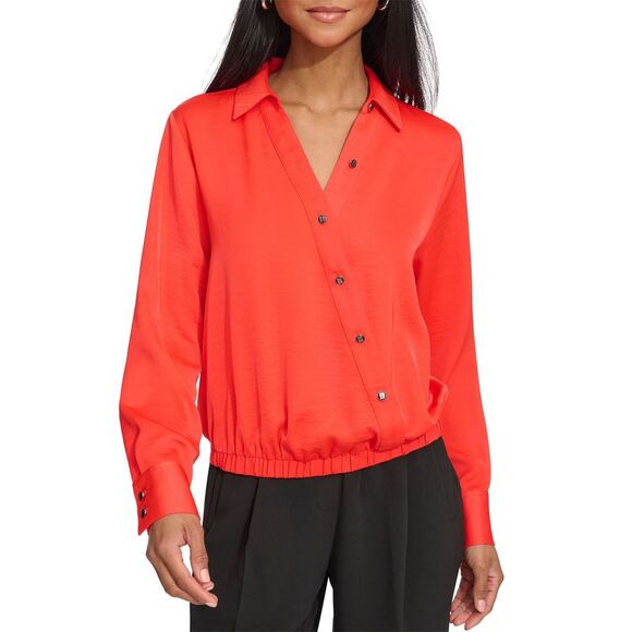 Karl Lagerfeld Paris Womens Faux-Wrap Top Large Apple Red - NWT - Picture 1 of 4